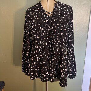 Lane Bryant Sz 16 Black Floral Blouse Long Sl Zipper Back Lace Up Front Peplum